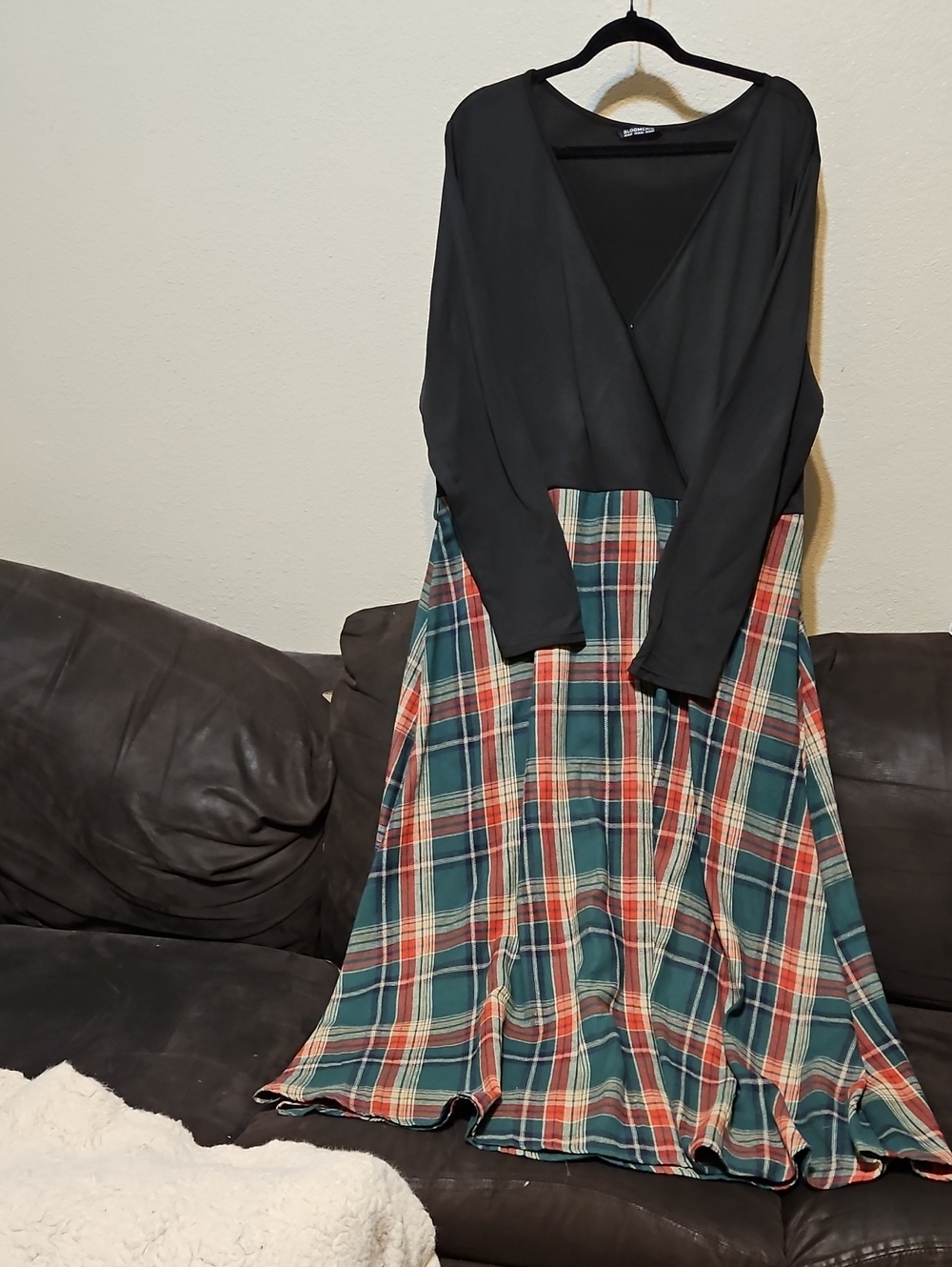 BloomChic Black Long-Sleeve Dress with Green and Red Plaid Maxi Skirt